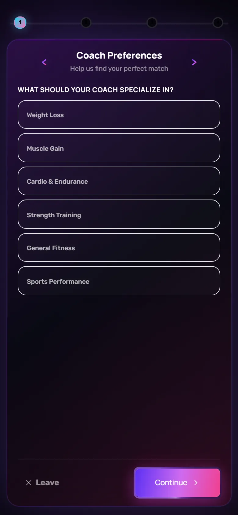 Actual GymTonic coach-matching questionnaire